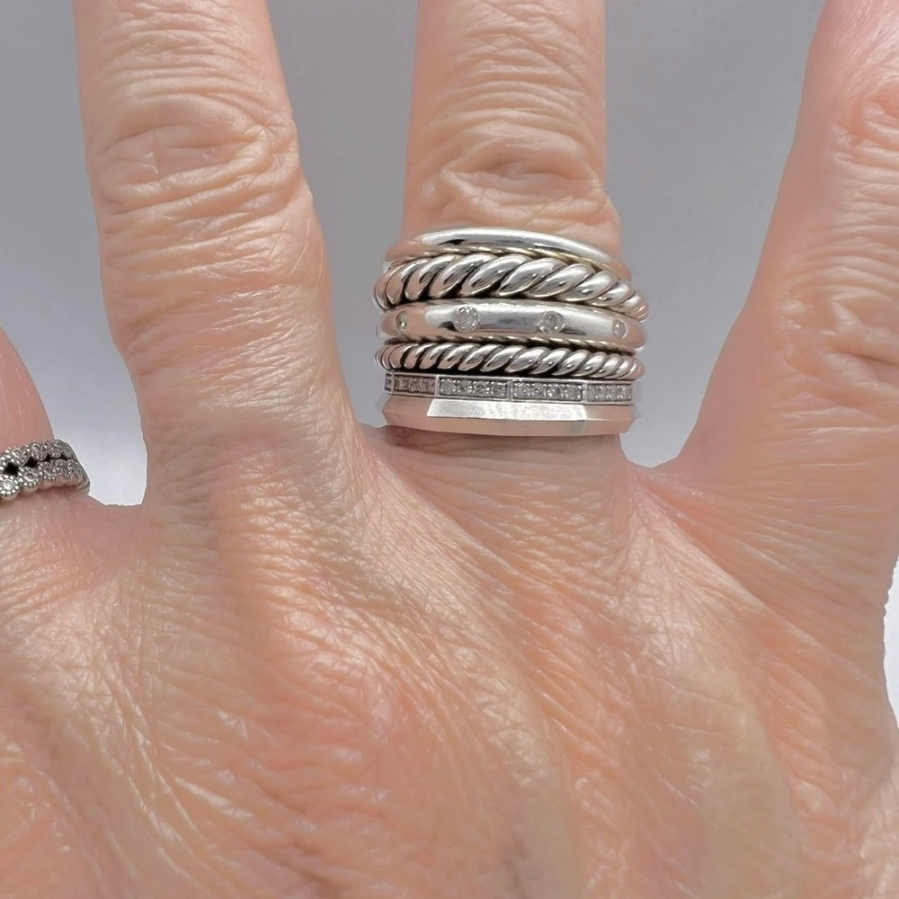 David Yurman Sterling Silver Pave Diamond Stax Six Row Band Ring - Picture 9 of 11